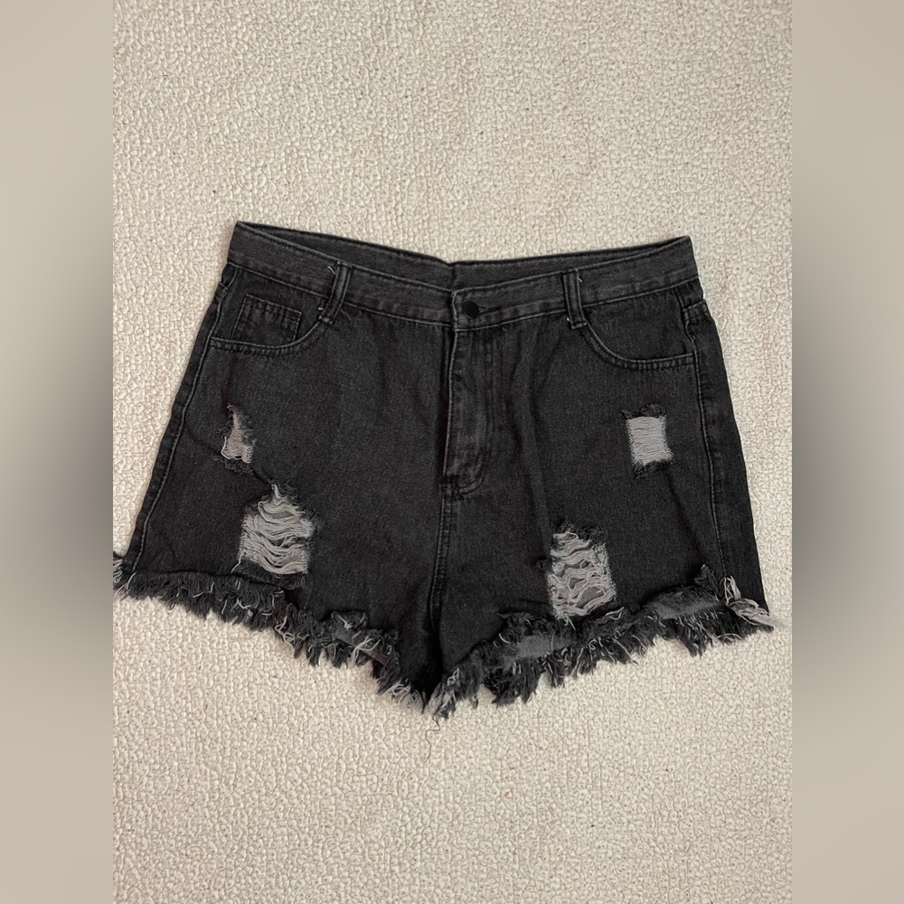 SHEIN Black Distressed Denim Shorts